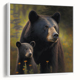 Framed wall art featuring a striking black bear design on canvas, showcasing a side view in a white frame, perfect for nature-themed home decor.