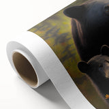 Black bear wall art design on rolled canvas, showcasing a detailed illustration with vibrant colors, ideal for nature-themed decor or wildlife enthusiasts.