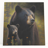 Black bear wall art design on stretched canvas, showcasing detailed fur textures and vibrant colors, ideal for nature-themed home decor. Perfect for wildlife enthusiasts.