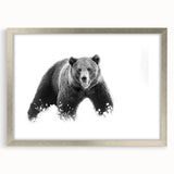 Black bear wall art design framed in silver with a mat, showcasing a striking front view that enhances any modern decor, perfect for wildlife enthusiasts.