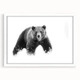 Framed wall art featuring a black bear design, showcasing intricate details and a white mat, set against a modern home decor background, perfect for wildlife enthusiasts.