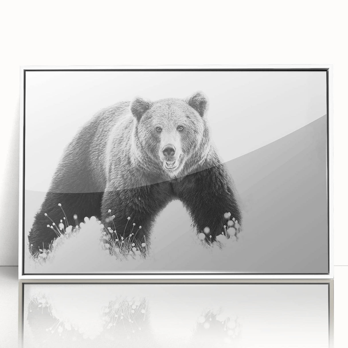 Framed wall art featuring a striking black bear design on acrylic, showcasing intricate details and vibrant colors, ideal for nature-themed decor.