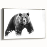 Framed wall art featuring a striking black bear design on canvas, showcased in a sleek silver frame, highlighting its detailed textures and vibrant colors. Perfect for nature enthusiasts and wildlife decor.
