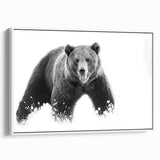 Framed canvas wall art featuring a striking black bear design, set against a white backdrop, showcasing intricate details and vibrant colors, perfect for nature-themed decor.