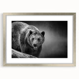 Framed wall art featuring a striking black bear design, showcasing intricate details and vibrant colors, set in a silver frame with a mat for added elegance. Perfect for nature lovers and home decor enthusiasts.