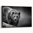 Framed canvas wall art showcasing a black bear design, positioned in a sleek black frame, ideal for wildlife enthusiasts and modern decor lovers.