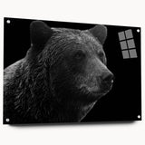 Elegant black bear wall art displayed in a sleek acrylic frame, showcasing a side view with pins, perfect for wildlife enthusiasts and home decor.