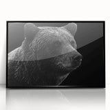 Framed wall art featuring a striking black bear design, showcased in acrylic with a sleek black frame, perfect for wildlife enthusiasts and modern decor.