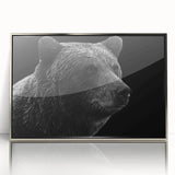 Framed acrylic wall art featuring a striking black bear design with a silver frame, ideal for nature enthusiasts and home decor, showcasing intricate details and vibrant colors.