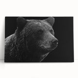 Black bear wall art design on stretched canvas, showcasing intricate detailing and natural colors, perfect for adding a rustic touch to home decor.