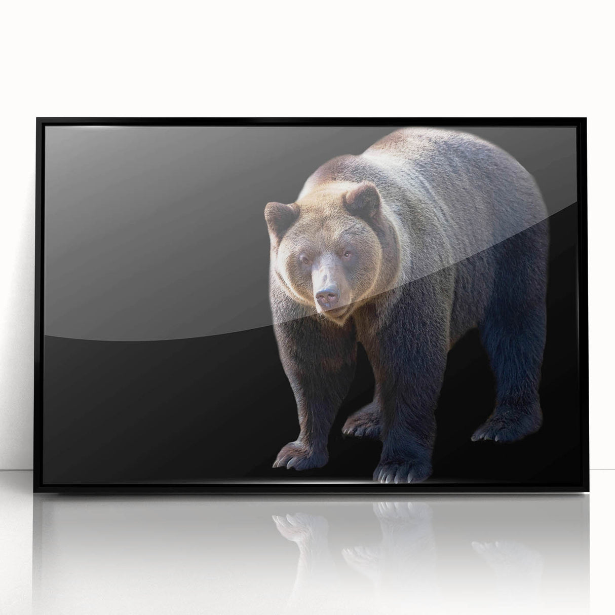Framed wall art featuring a striking black bear design in a sleek acrylic frame, showcasing intricate details and a modern aesthetic for nature lovers.
