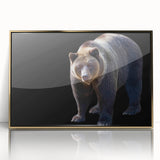 Framed acrylic wall art showcasing a striking black bear design, featuring a gold frame and front view display, perfect for nature-themed decor.