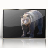 Framed wall art featuring a striking black bear design with a silver acrylic frame, showcasing intricate details and vibrant colors, perfect for nature-themed decor.