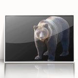 Framed acrylic wall art featuring a striking black bear design, showcasing intricate details and vibrant colors against a sleek white background, perfect for nature enthusiasts.