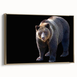 Framed wall art featuring a black bear design on a textured canvas, accented with a gold frame, showcasing a side view of the elegant artwork. Perfect for nature enthusiasts and home decor lovers.