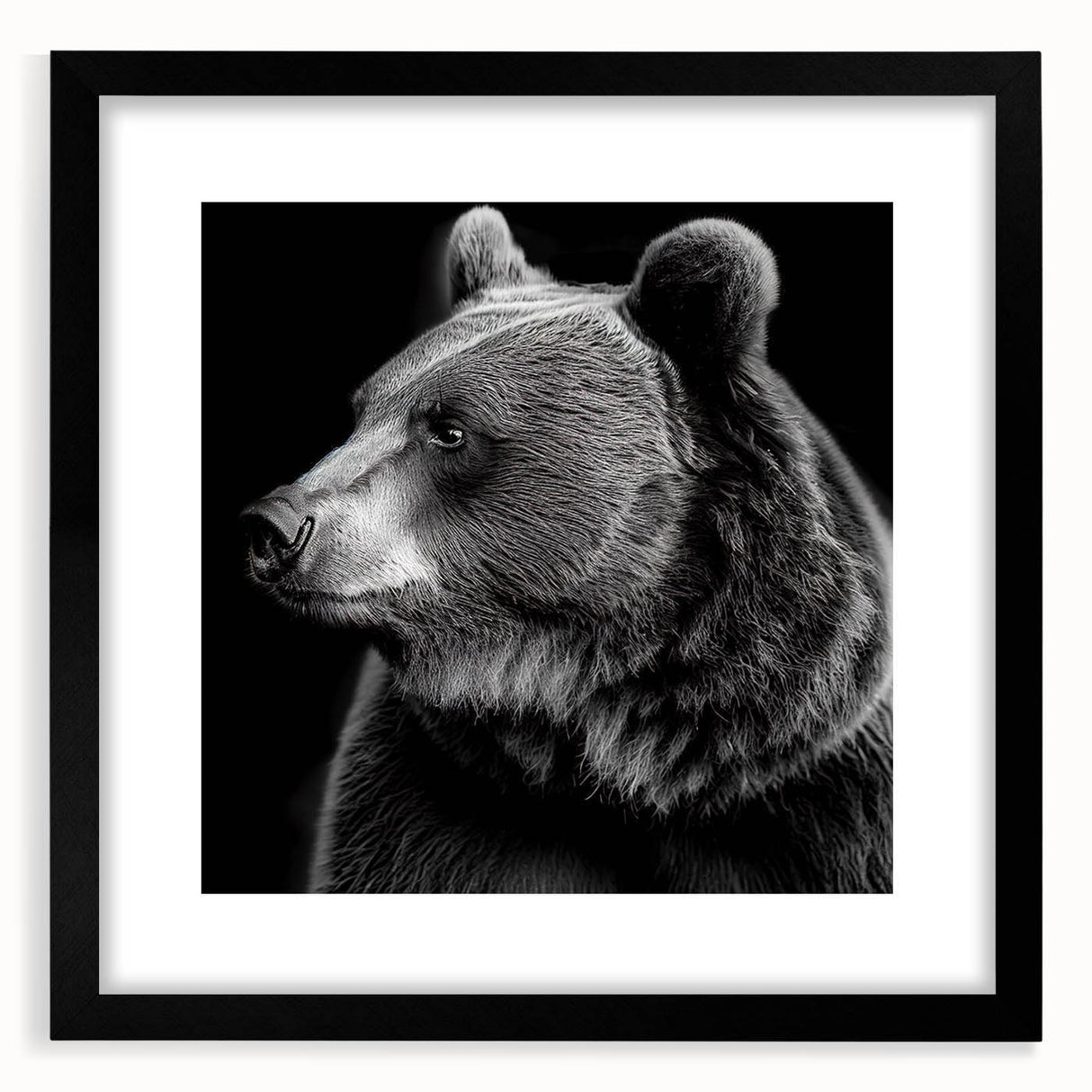 Black bear wall art framed in a sleek black frame with a white mat, showcasing a striking black bear design. Perfect for nature enthusiasts and home decor.