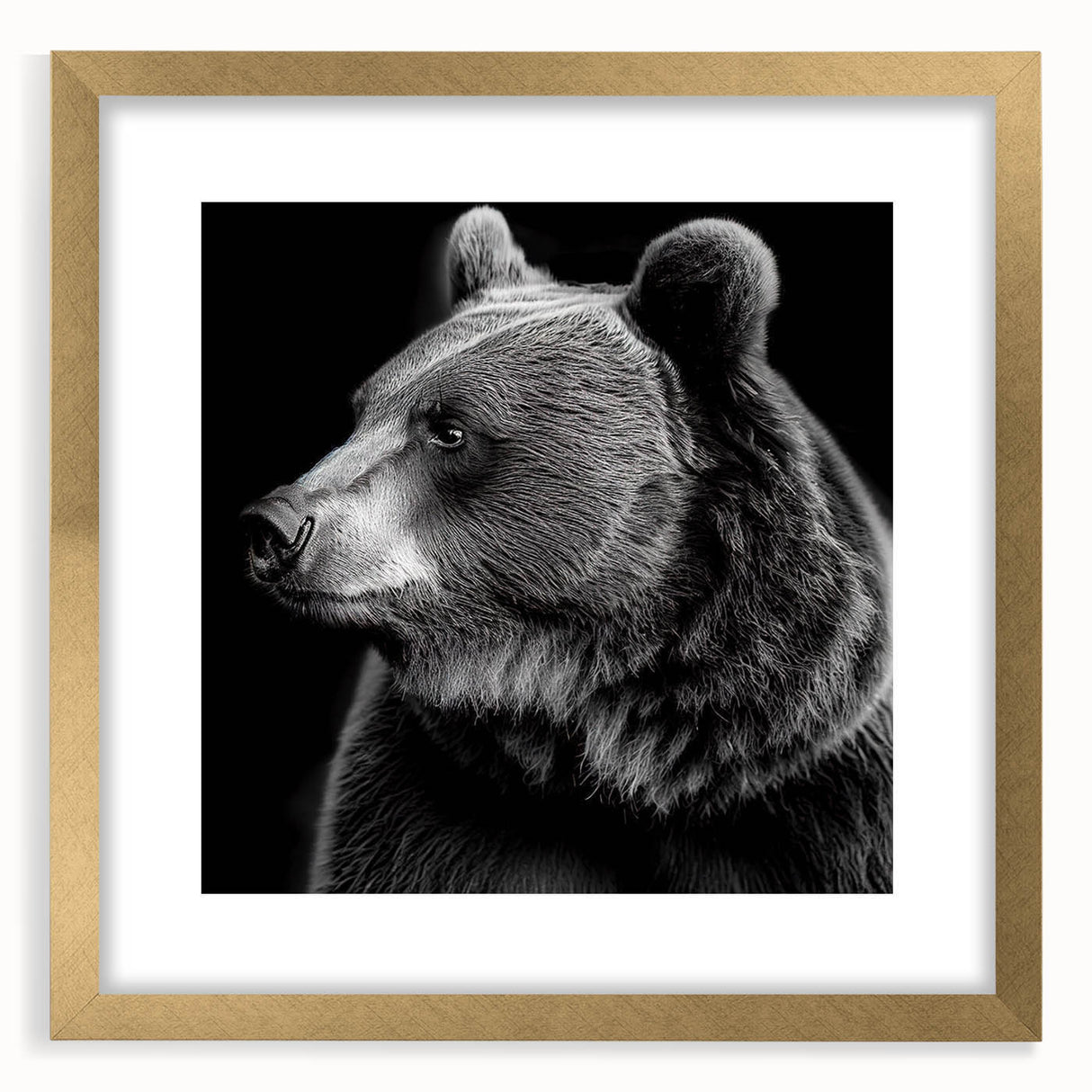 Framed wall art featuring a striking black bear design with a gold mat, showcasing intricate details and a modern aesthetic, perfect for nature lovers' decor.