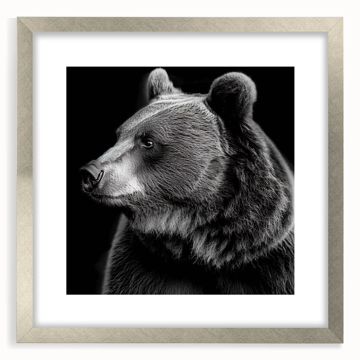 Black bear wall art framed in silver, showcasing intricate design details and a mat finish, perfect for nature-themed home decor. Ideal for wildlife enthusiasts.