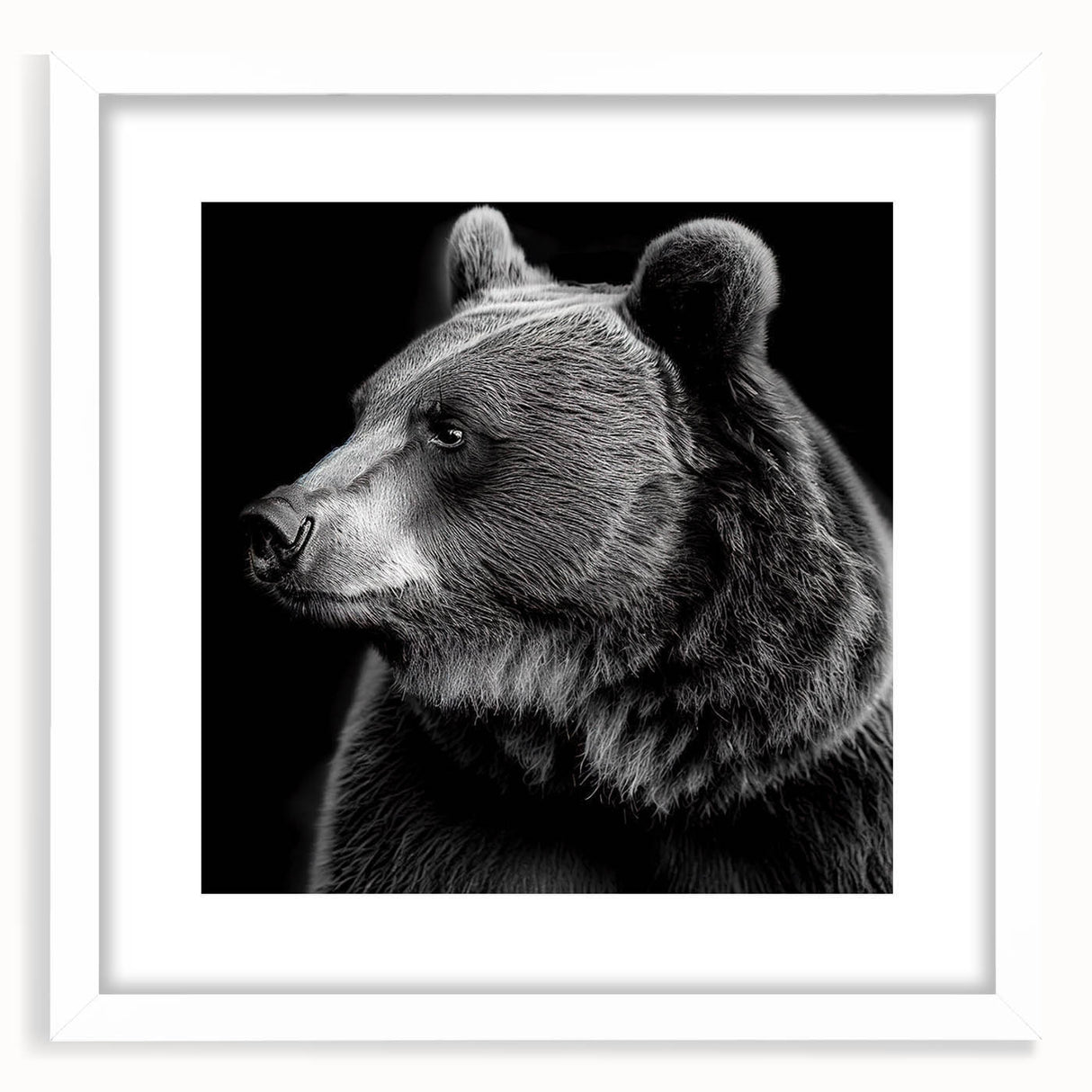 Black bear wall art collection framed with a white mat, showcasing a striking black bear design. Ideal for nature enthusiasts and rustic home decor.