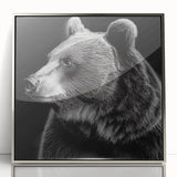 Framed wall art featuring a stylized black bear design in acrylic with a sleek silver frame, showcasing intricate details and textures, perfect for wildlife decor enthusiasts.