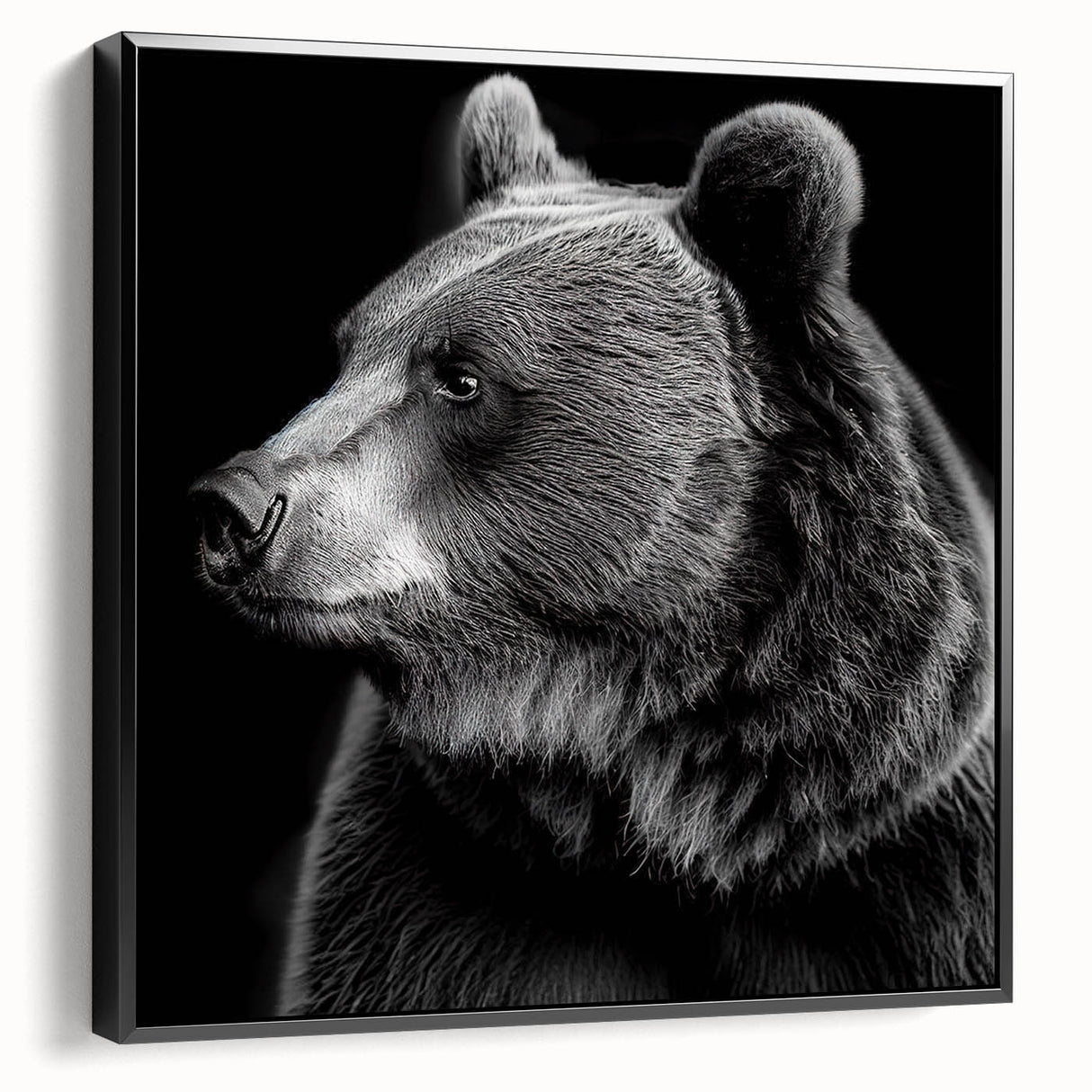 Framed canvas wall art featuring a striking black bear design, showcasing intricate details and textures, perfect for nature-themed home decor in a modern setting.