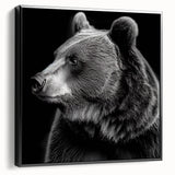 Framed canvas wall art featuring a striking black bear design, showcasing intricate details and textures, perfect for nature-themed home decor in a modern setting.