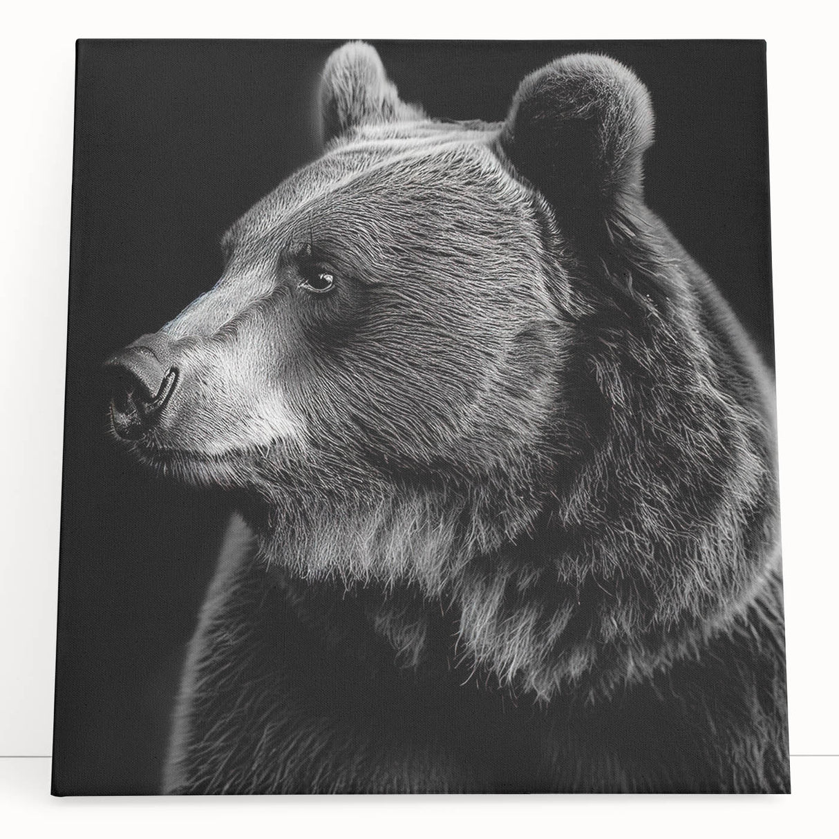 Black bear wall art design on stretched canvas, showcasing a detailed and vibrant depiction of a bear in a natural setting, perfect for home decor.
