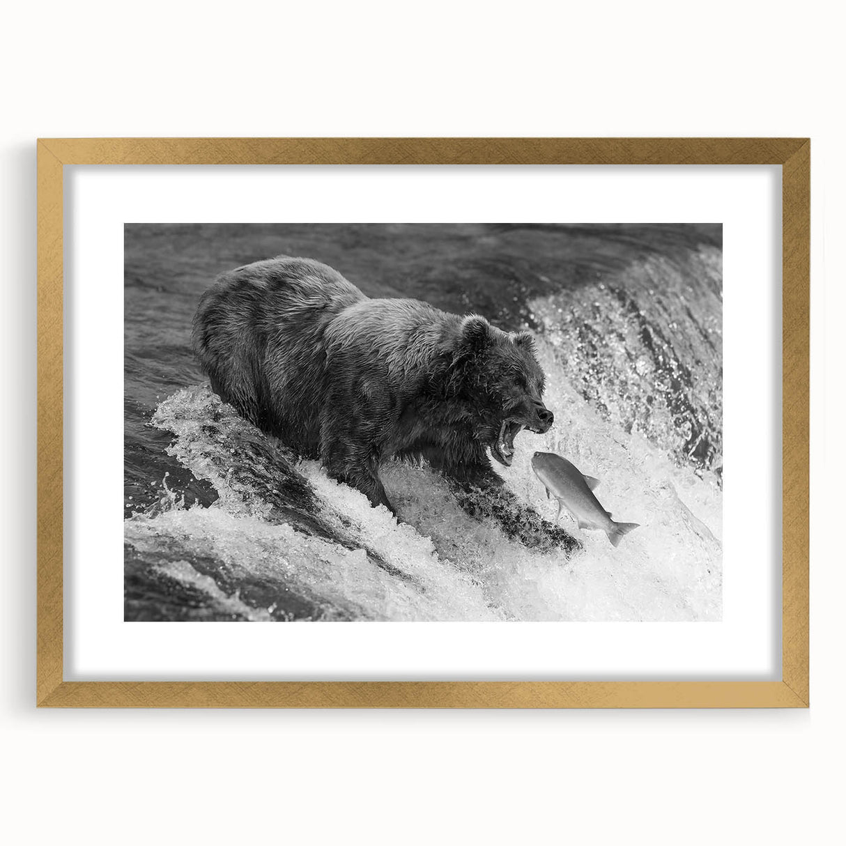 Black bear wall art design displayed in a gold frame with a mat, showcasing intricate details and a contemporary style, perfect for animal lovers and home decor enthusiasts.
