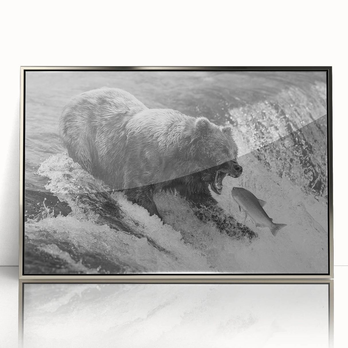 Framed black bear wall art design in sleek acrylic with a silver frame, showcasing a realistic depiction of a black bear against a minimalist backdrop, perfect for nature enthusiasts.
