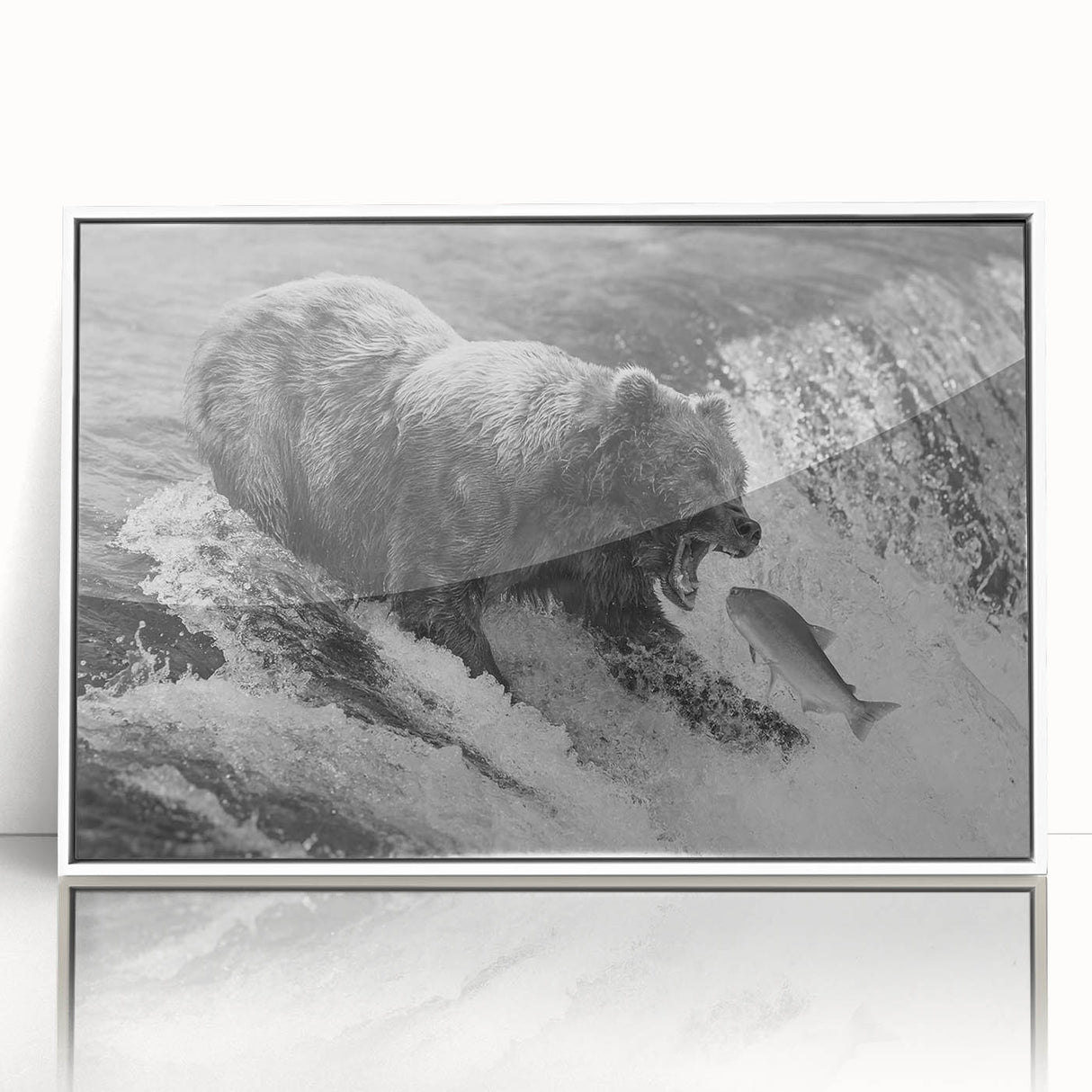 Framed wall art featuring a striking black bear design with a white border, mounted in an acrylic frame, perfect for nature-themed home decor.