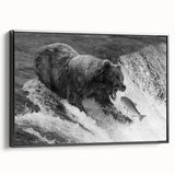 Framed wall art featuring a black bear design on textured canvas, showcasing side view details with a sleek black frame, perfect for nature-themed decor.