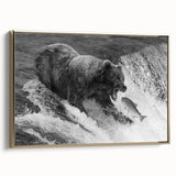Framed canvas wall art showcasing a striking black bear design, set against a gold border, ideal for enhancing modern home decor and wildlife-themed interiors.