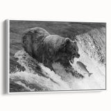 Framed wall art featuring a striking black bear design on canvas, displayed from a side view against a white background, showcasing intricate details and vibrant colors. Perfect for wildlife enthusiasts and home decor lovers.