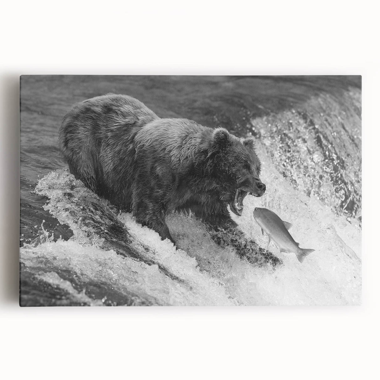 Black bear wall art design on stretched canvas, showcasing intricate details and rich colors, ideal for nature enthusiasts looking to enhance their home decor.