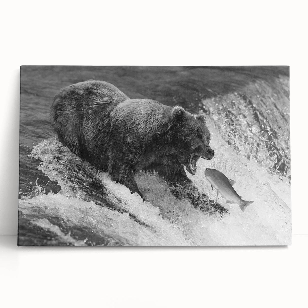 Stretched canvas wall art featuring a striking black bear design, showcasing intricate details and vibrant colors, perfect for nature-themed interior decor.