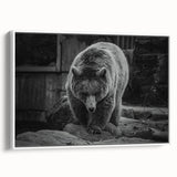 Framed canvas wall art showcasing a striking black bear design on a white background, presented from a side view, ideal for nature and wildlife decor enthusiasts.