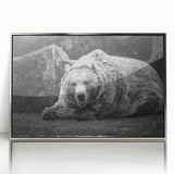Framed acrylic wall art showcasing a striking black bear design, featuring a sleek silver frame. Perfect for nature lovers and home decor enthusiasts.