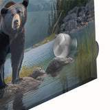 Close-up of a modern black bear wall art design printed on acrylic glass, showcasing vibrant colors and intricate details, ideal for wildlife-themed decor.