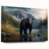Black bear wall art design displayed in a side view, featuring vibrant colors and intricate detailing, perfect for adding a natural touch to home decor. This acrylic glass artwork showcases a serene forest background, enhancing its aesthetic appeal.