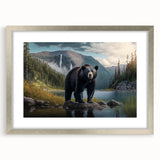 Framed black bear wall art in a silver frame with a mat, showcasing a detailed illustration of a bear against a neutral background, perfect for wildlife decor enthusiasts.