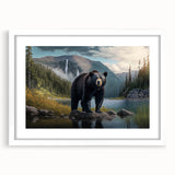 Black bear wall art design framed with a white mat, showcasing a sleek front view. Perfect for nature-themed decor, adding a touch of wilderness to any space.