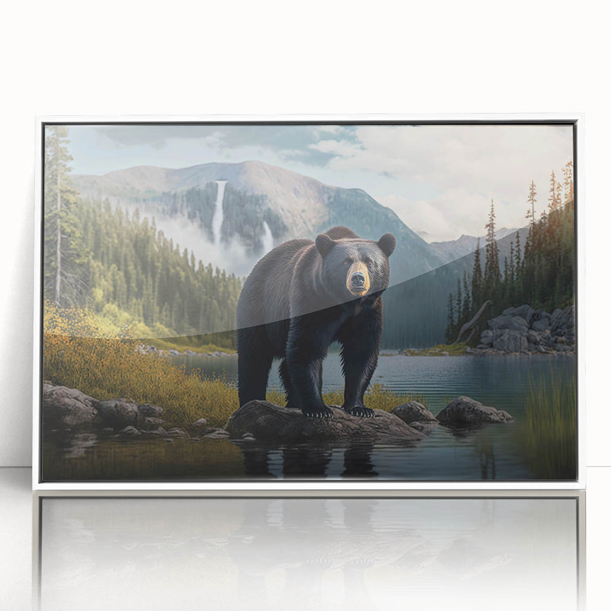 Framed black bear wall art design displaying a striking monochrome aesthetic, featuring intricate details and a sleek white frame, perfect for nature-themed decor.