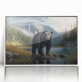 Framed black bear wall art design displaying a striking monochrome aesthetic, featuring intricate details and a sleek white frame, perfect for nature-themed decor.