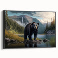 Framed wall art featuring a striking black bear design on textured canvas, showcasing vibrant colors and intricate details, ideal for nature-themed decor.
