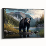 Framed wall art featuring a striking black bear design on textured canvas, showcasing vibrant colors and intricate details, ideal for nature-themed decor.