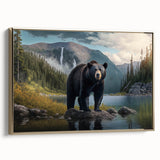 Framed canvas wall art featuring a striking black bear design with gold accents, displayed from the side, perfect for nature-inspired home decor.