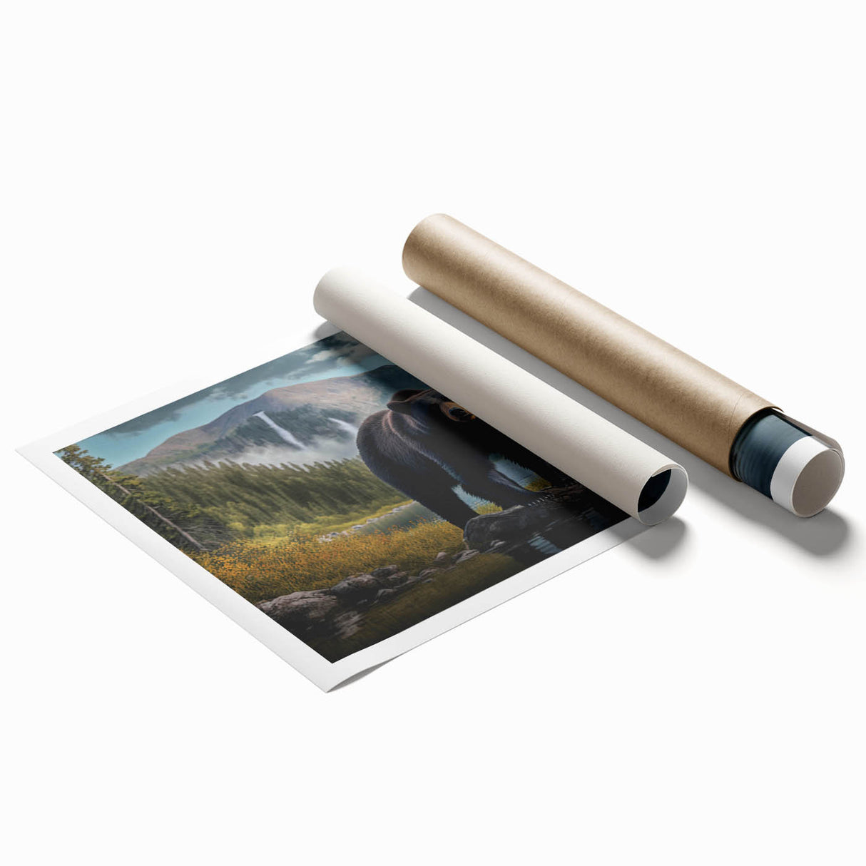 Rolled print showcasing a striking black bear design, featuring vibrant colors and intricate details, packaged securely in a durable tube for easy shipping.