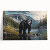 Black bear wall art on stretched canvas, showcasing a detailed design with vibrant colors and textures, perfect for nature lovers and rustic décor enthusiasts.