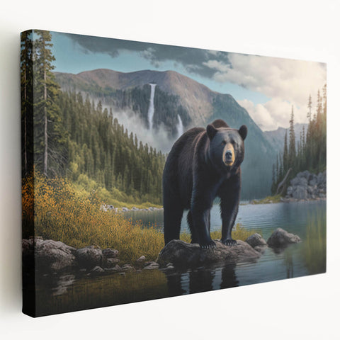 Stretched canvas artwork featuring a striking black bear design, showcasing intricate details and vibrant colors against a neutral background, ideal for nature-themed decor.