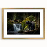 Elegant black bear wall art design framed with a gold mat, showcasing intricate details and textures, perfect for enhancing modern home decor. Ideal for nature lovers and wildlife enthusiasts seeking stylish, unique artwork.